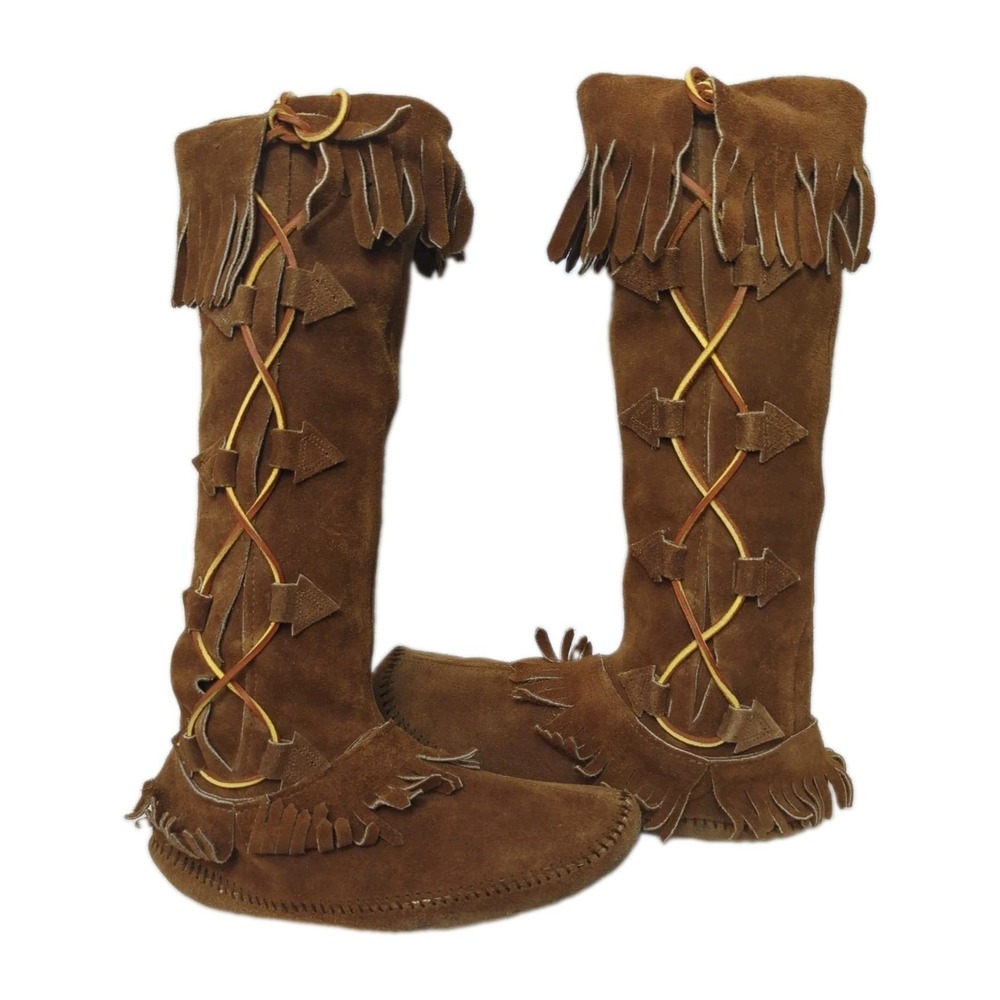 Vintage Womens 10 Taos Brown Suede Tall Fringe Moccasin Boots Style 0380 Boho